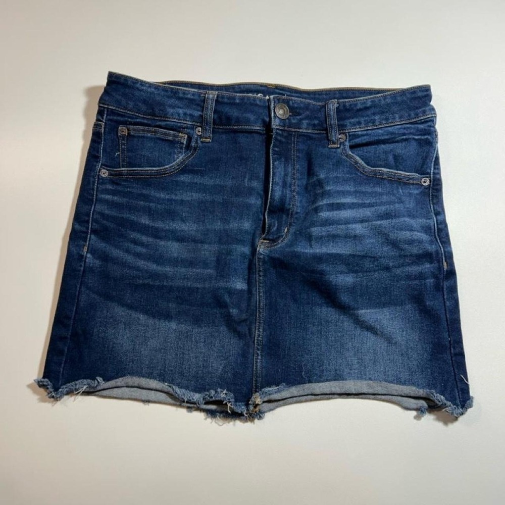 American Eagle Denim Mini Skirt Womens Size 14 Dark Wash Frayed Hem Stretch